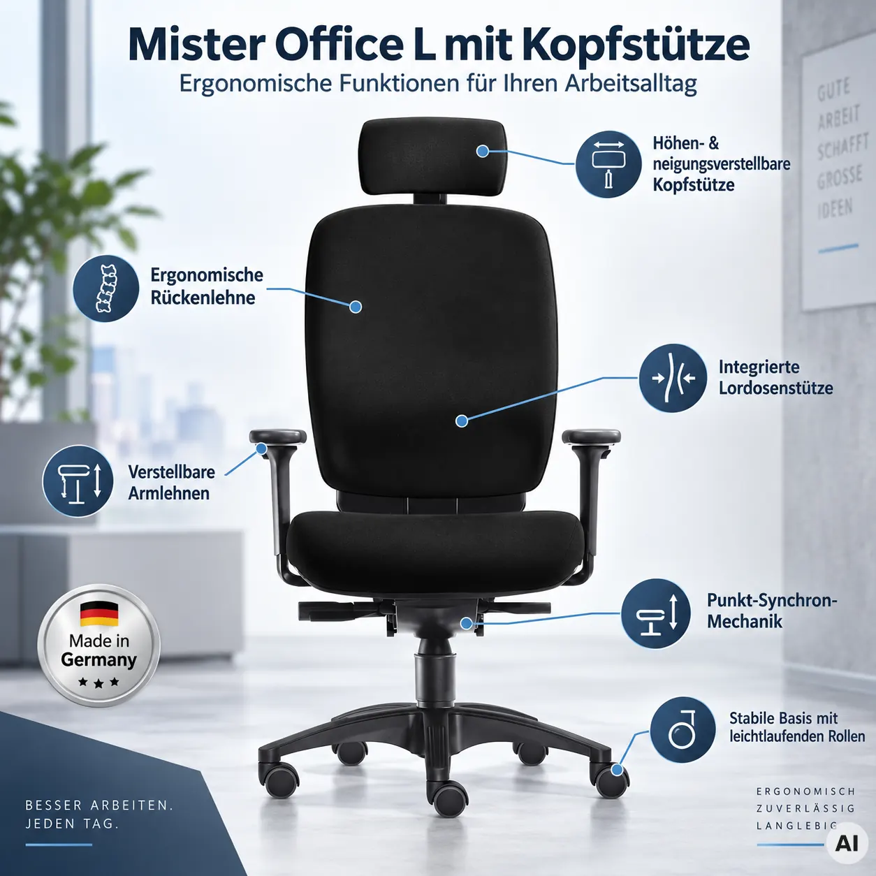 Mister Office L mit Kopfstütze - Bequemer Profi Bürostuhl